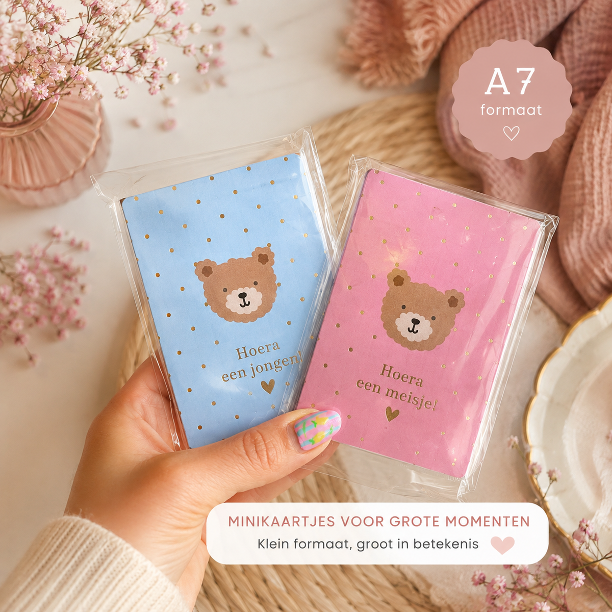 Mini kaartje - hoera een jongen - little bear blue