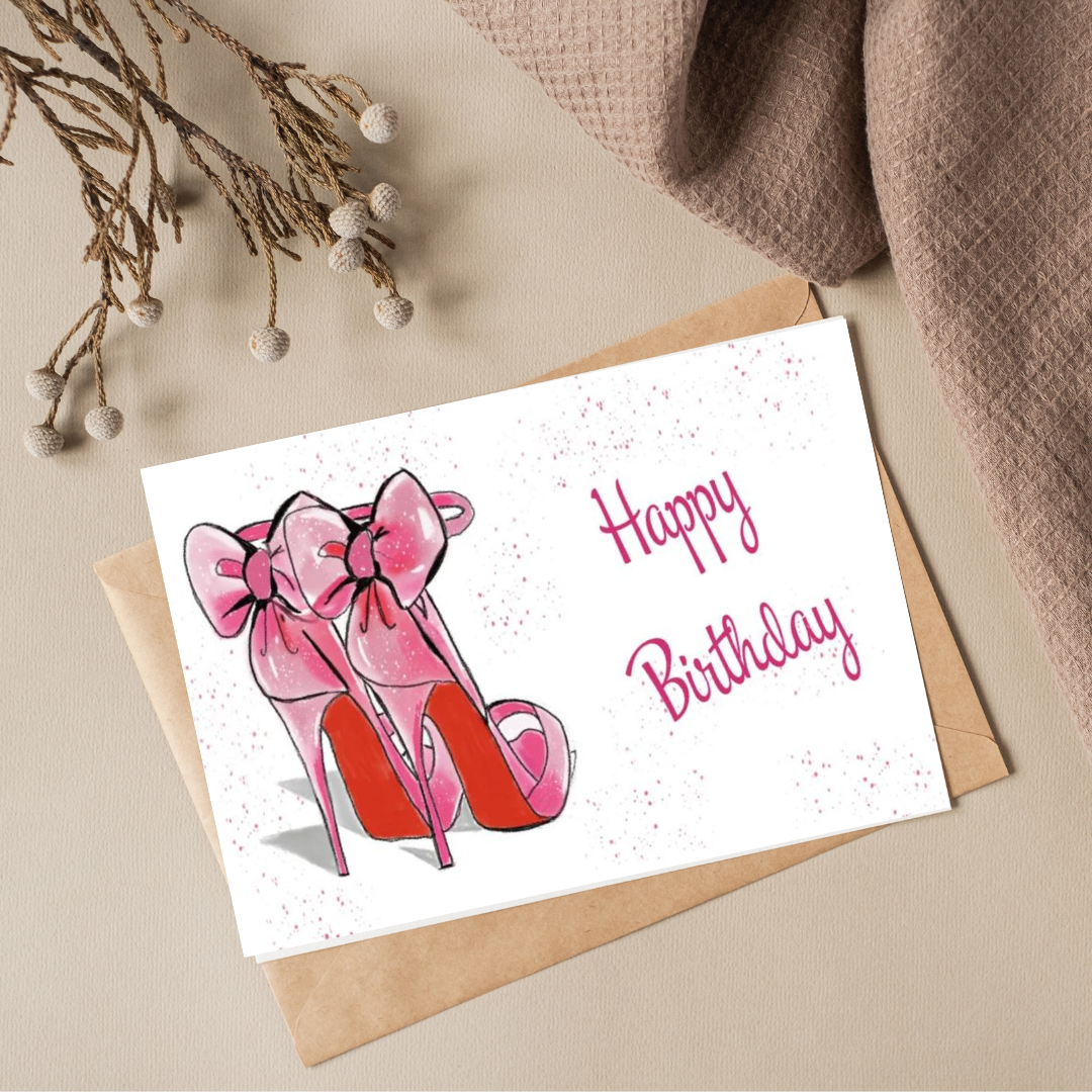 Ansichtkaart - Happy Birthday met pink heels