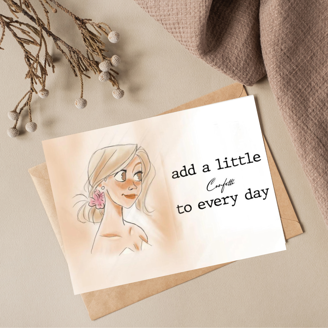 Ansichtkaart Confetti: 
Teskt: Add a little confetti to every day
Papiersoort: Sulfaatkarton
Papiergewicht: 350 grams