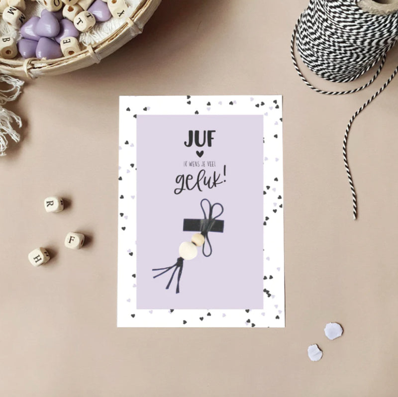 Ansichtkaart + gelukspoppetje - Juf ik wens je veel geluk!