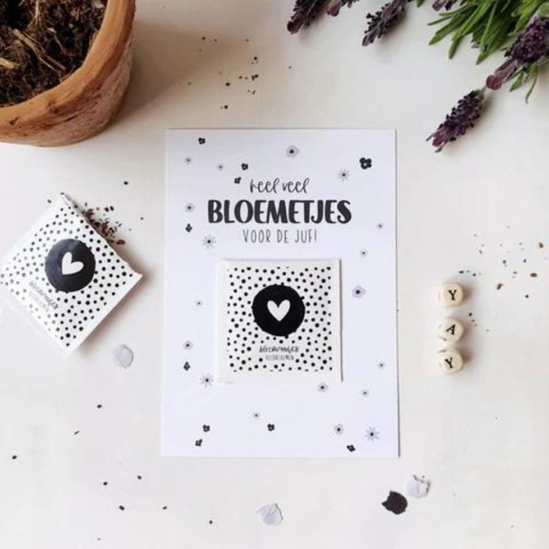 Ansichtkaart + zakje bloemzaadjes - heel veel bloemetjes voor de juf!