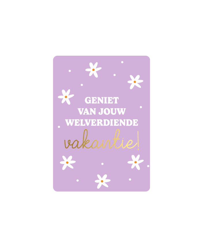 Leuk mini kaartje met de tekst: Geniet van jouw welverdiende vakantie

Cadeaukaartjes zijn leuk om toe te voegen bij een bosje bloemen, doosje bonbons of uw geschenk. Door het kleine formaat kaart ook ideaal om toe te voegen bij de verzending van een pakket of cadeautje voor een extra persoonlijke touch. Op de achterzijde van het kaartje is ruimte om een persoonlijke boodschap op te schrijven.