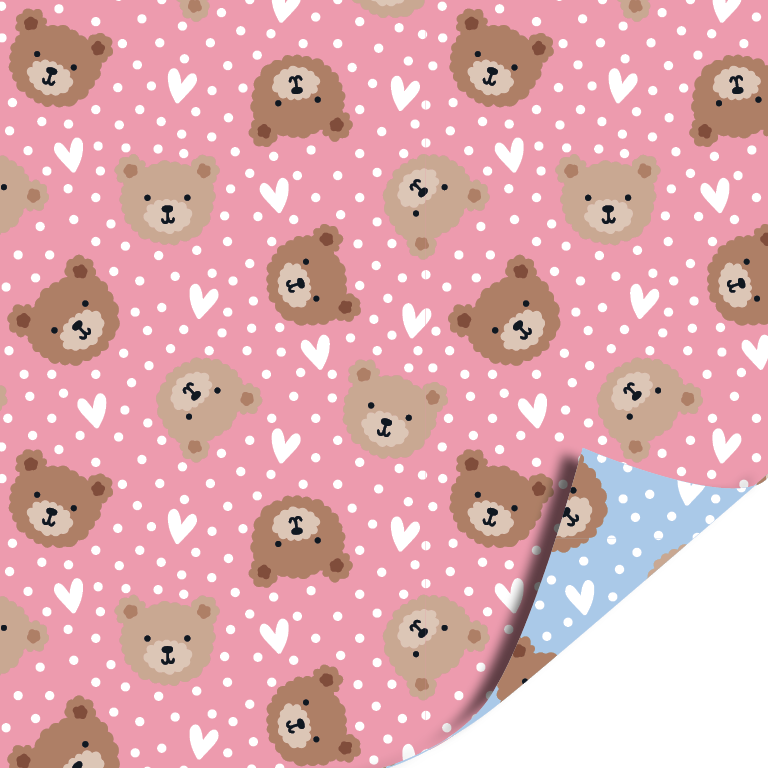 Inpakpapier Beertjes Roze & Blauw – Dubbelzijdig Cadeaupapier Baby 30x300 cm