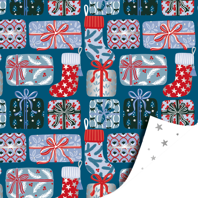 Kerst Inpakpapier 30 cm x 3 meter – Xmas Gifts Blue