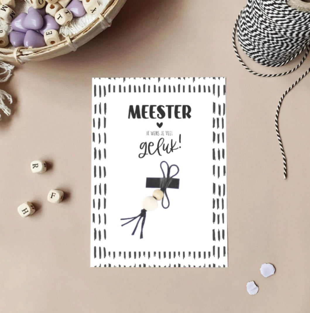 Ansichtkaart + gelukspoppetje - Meester ik wens je veel geluk!