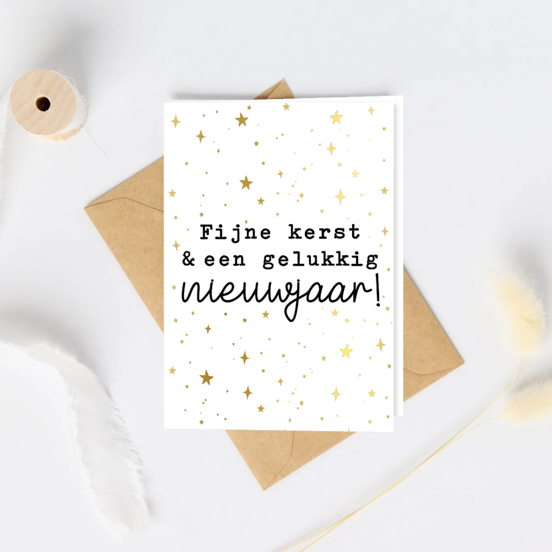 Gevouwen kerstkaart - wenskaart - Fijne kerst en een gelukkig nieuwjaar in de kleur wit. 