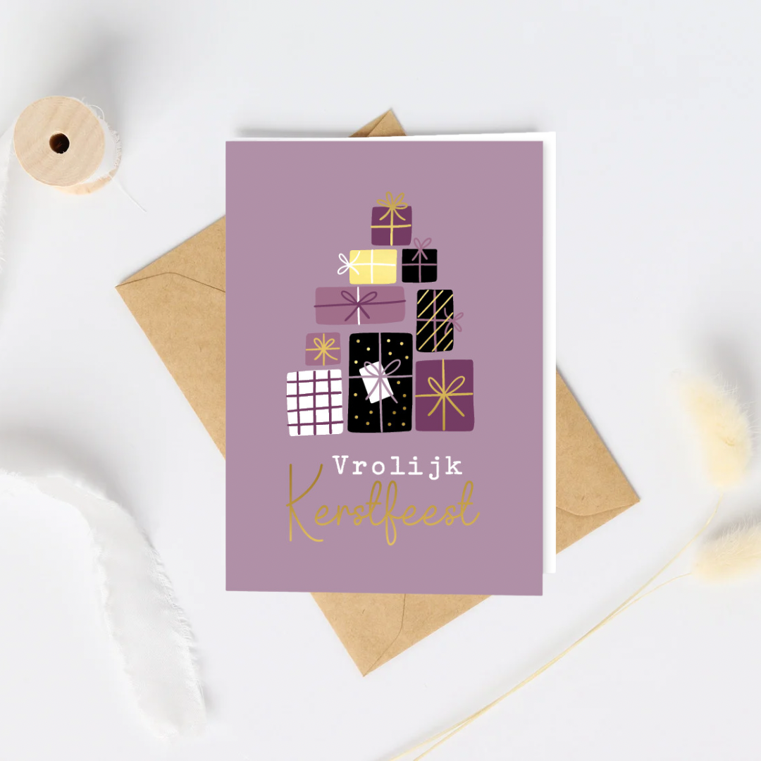 Gevouwen kerstkaarten met envelop - vrolijk kerstfeest paars. 