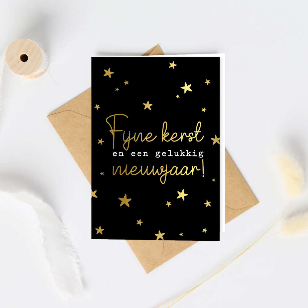 Dubbele kerst wenskaart - Fijne kerst en een gelukkig nieuwjaar - zwart met goud! 