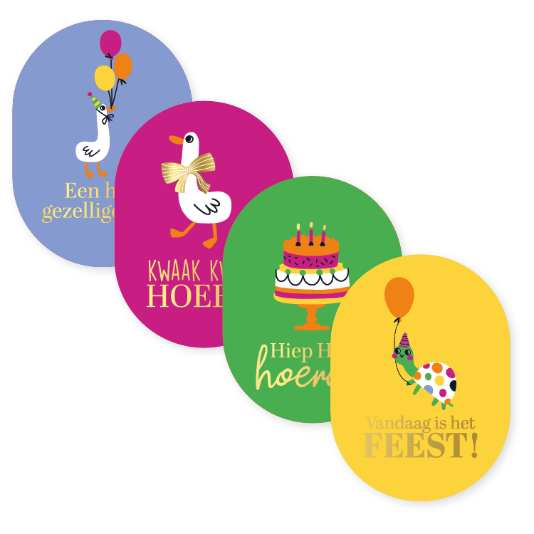 Stickers 43×59mm Verjaardag – 4 varianten worden per 10 stuks verkocht