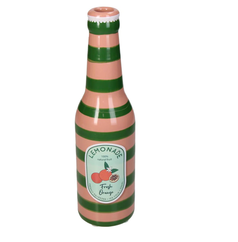 Stoere leuke vaas. Vaas Lemonade Orange/roze met groene vaas fles - Aardewerk - 6.5x6.5x24cm