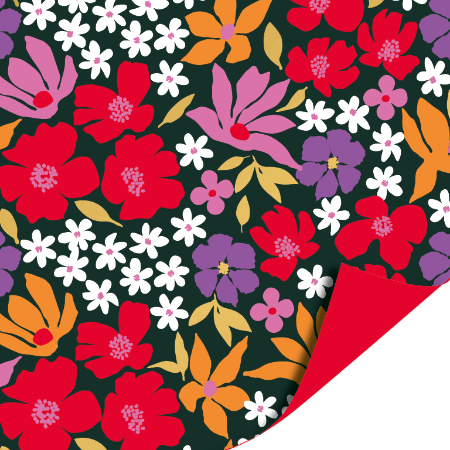 Dubbelzijdig cadeaupapier met kleurrijk bloemenpatroon – voorkant met rode, paarse en oranje bloemen, achterkant effen rood