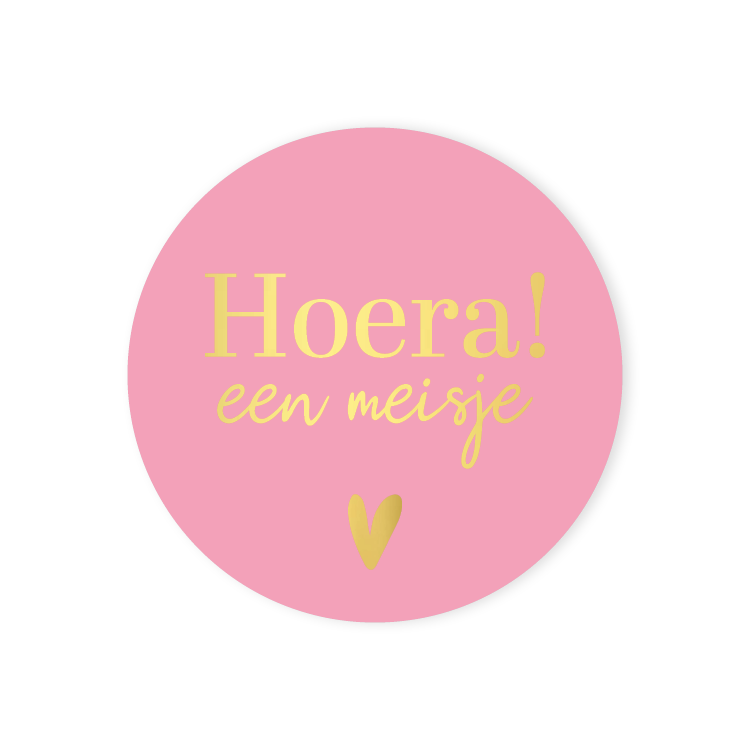 Feestelijke stickers Ø40 mm “Hoera een meisje!” met hart, Perfect als sluit- of cadeausticker voor geboorte, babyshower of verzending.